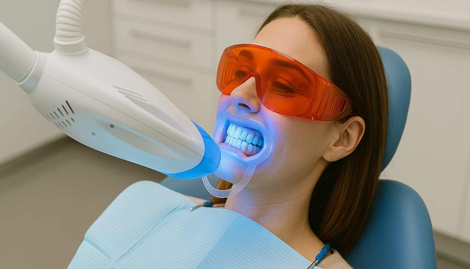 Tannbleking med Opalescence: Hvite Tenner Uten Risiko? 5 Kvinne får profesjonell tannbleking med blått lys i moderne klinikk, bruker beskyttelsesbriller og tannskinne under behandlingen.
