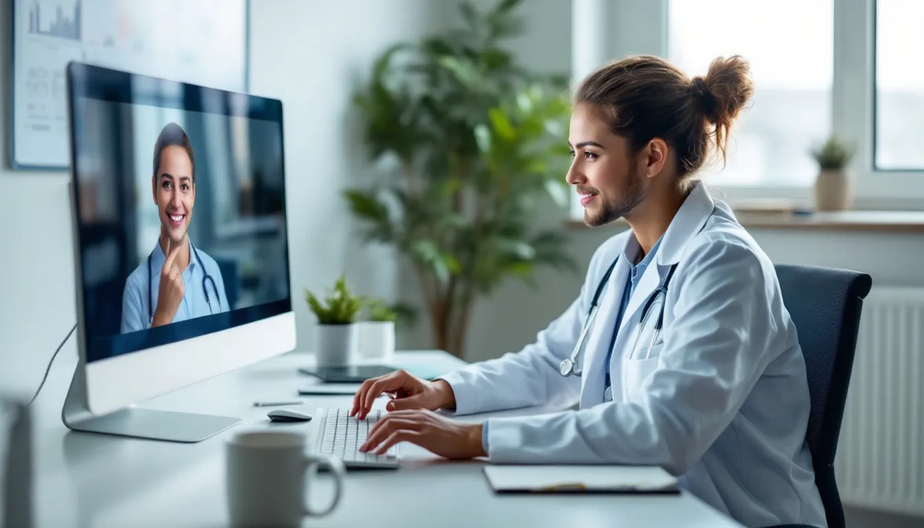 A healthcare professional is conducting a virtual consultation with a patient via a computer screen, showcasing the use of telehealth services. The image highlights the importance of secure video conferencing for patient care and the management of patient data in a HIPAA compliant telehealth platform.
