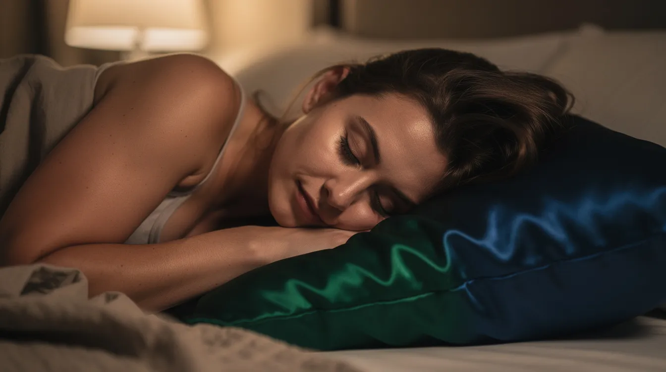 A person is sleeping peacefully on their side on a jewel-toned silk pillowcase, surrounded by a dimly lit bedroom that enhances the tranquil atmosphere. The high-quality silk pillowcase, known for its benefits to skin and hair health, provides a smooth surface that helps prevent sleep wrinkles and irritation for sensitive skin.