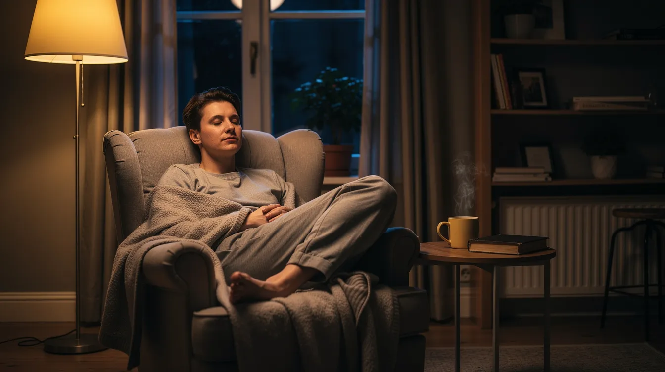 A person sits peacefully in a comfortable armchair in a dimly lit living room at night, surrounded by a calming atmosphere that encourages relaxation techniques to improve sleep. The serene setting reflects a moment of tranquility, ideal for those struggling with insomnia symptoms or looking to fall asleep quicker.