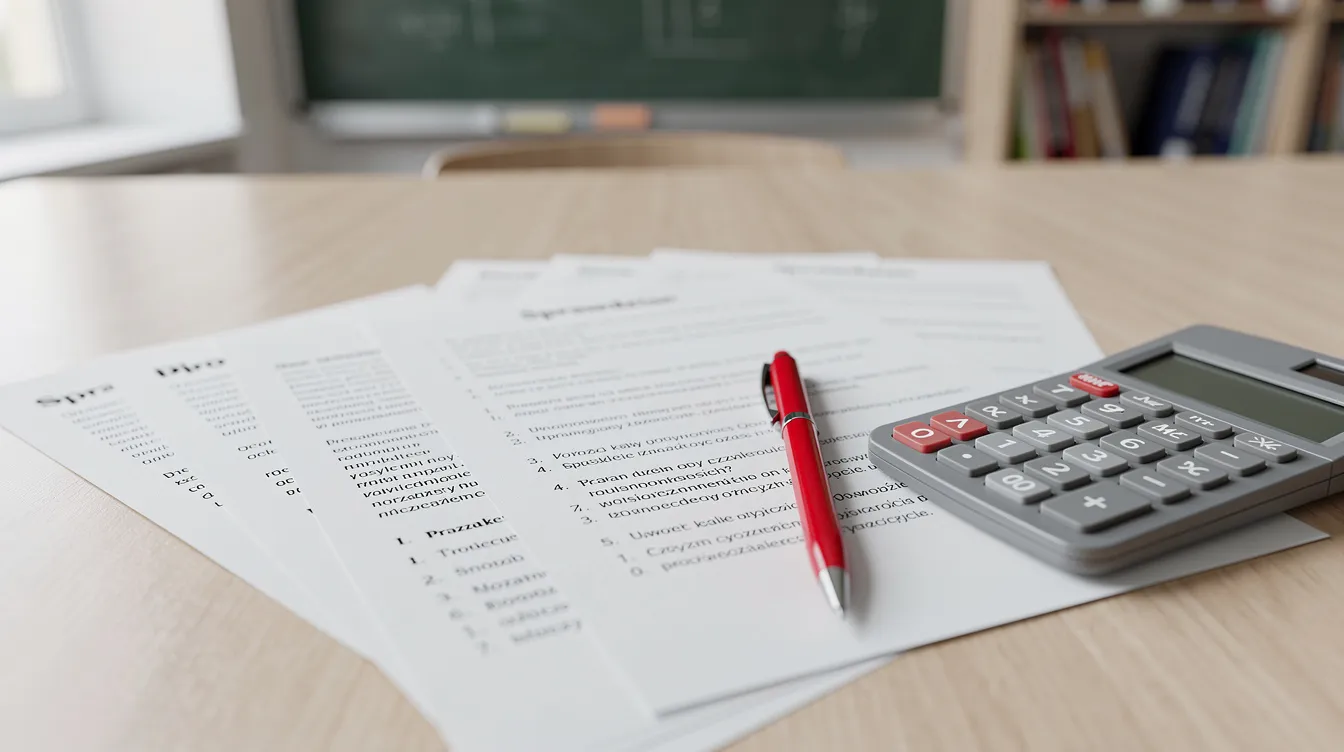 Na biurku nauczyciela leżą wydrukowane arkusze testowe z przyrody dla klasy 4, obok znajduje się czerwony długopis oraz kalkulator. Testy dotyczą r&oacute;żnych zjawisk przyrodniczych, takich jak ciśnienie atmosferyczne i stany skupienia.