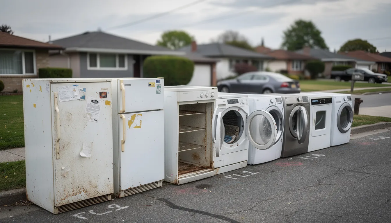 The image shows a line of old refrigerators and washing machines awaiting removal, highlighting the clutter often found in residential and commercial spaces. This scene illustrates the need for professional junk removal services to efficiently haul away unwanted items and restore order.