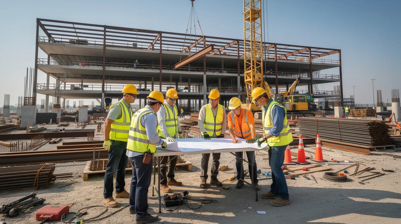A group of construction workers, wearing hard hats and safety vests, collaborates on a large commercial building jobsite, showcasing the teamwork essential in the construction industry. This scene highlights the skilled trades and the ongoing demand for labor in infrastructure projects across Ohio.