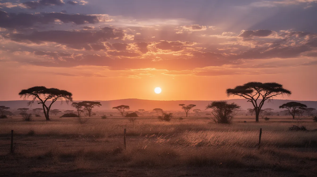 Na obrazie widać zachód słońca nad afrykańskim krajobrazem, gdzie sylwetki drzew kontrastują z pomarańczowymi i różowymi odcieniami nieba. To cudowne miejsce przywołuje na myśl sformułowanie "hakuna matata", które oznacza brak zmartwień, a jego znaczenie można odnaleźć w filmie "Król Lew".