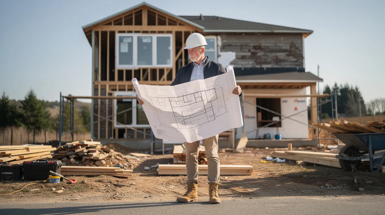 A real estate investor is intently reviewing construction blueprints at a property site, with a partially renovated house visible in the background. This scene highlights the investor's focus on real estate financing and the potential for investment property development, often supported by hard money loans and other loan solutions.