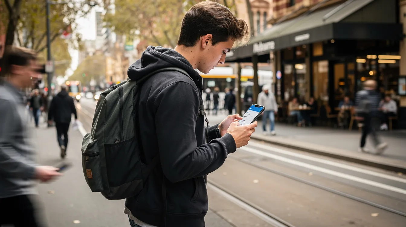 A person is walking down a bustling Melbourne street while using a smartphone to search for local services, highlighting the importance of local SEO for Melbourne businesses. The scene captures the integration of digital marketing in everyday life, as the individual seeks to enhance their online visibility and connect with potential customers.