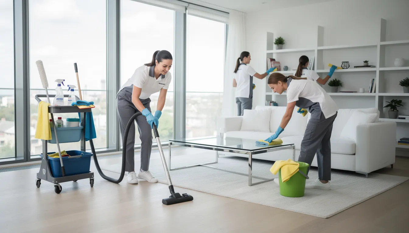 A team of professional cleaners is diligently working together in a bright, modern apartment, utilizing various cleaning tools and equipment to ensure a thorough cleaning. Their expertise in professional deep cleaning services helps create a clean and healthy environment for the residents.