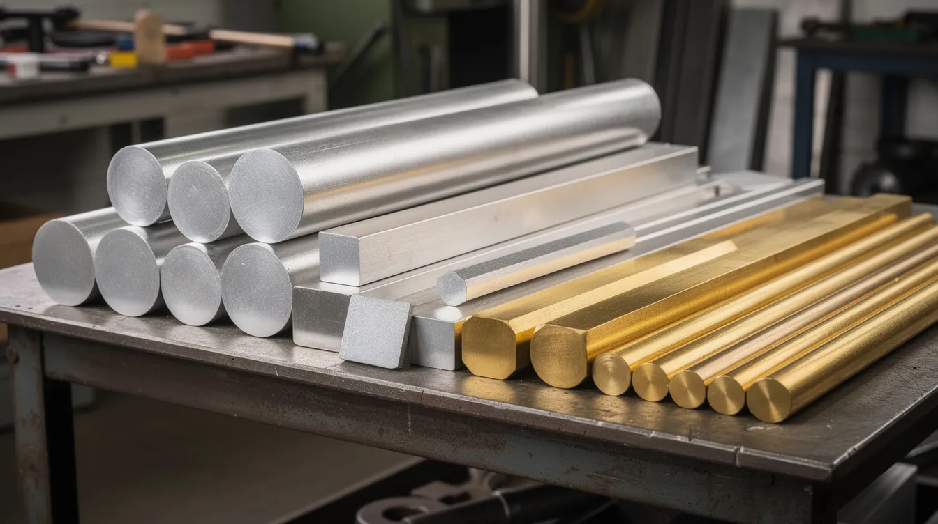 The image shows a workshop table filled with various raw metal billets, including aluminum rounds, stainless steel bars, and brass rods, which are essential for the manufacturing process of producing metal parts. These materials are often utilized in CNC machining and die casting processes to create complex shapes with high precision and dimensional accuracy.