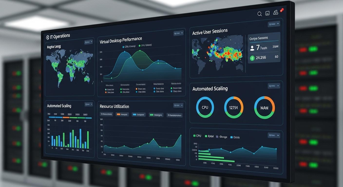 IT operations dashboard displaying virtual desktop performance, active user sessions, resource utilization, and automated scaling across an enterprise environment.