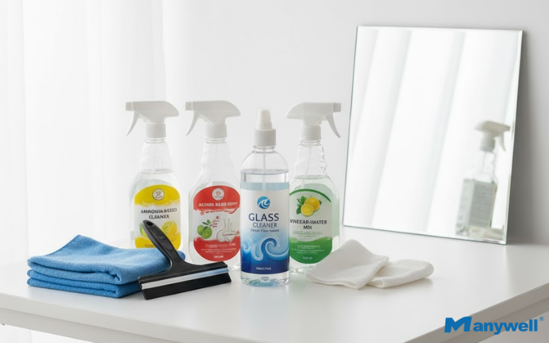 Mirror cleaning supplies neatly arranged