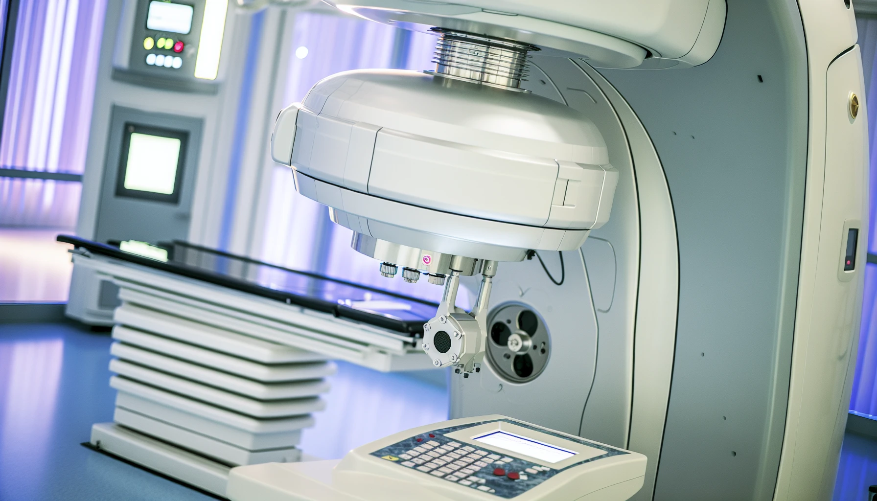 A close-up of a radiation therapy machine delivering EBRT