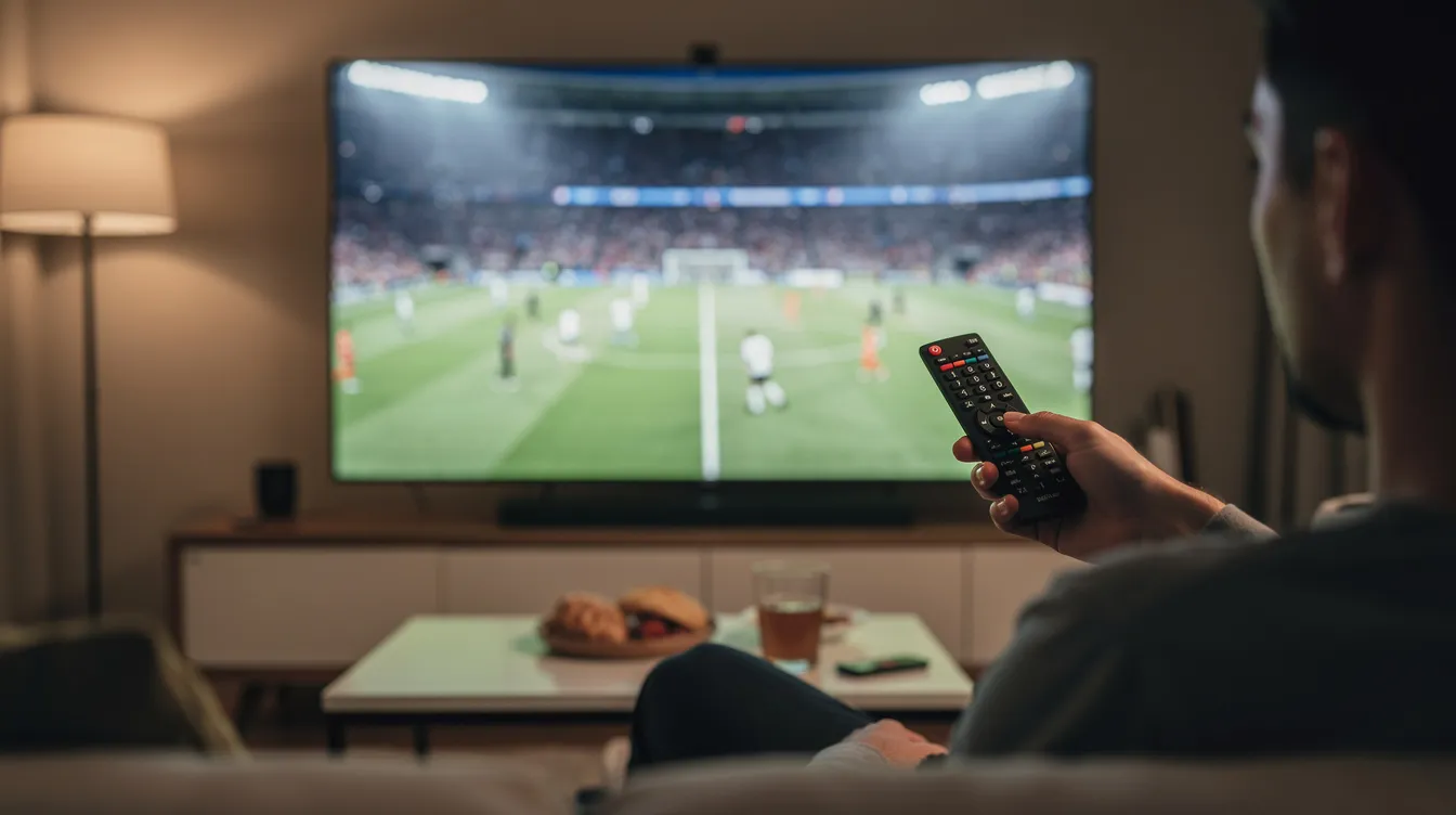A person is sitting comfortably on a couch, holding a TV remote while watching an exciting live football match on a large flat screen television. The scene captures the thrill of sports fans enjoying live TV channels, possibly through an IPTV service, as they cheer for their favorite team.