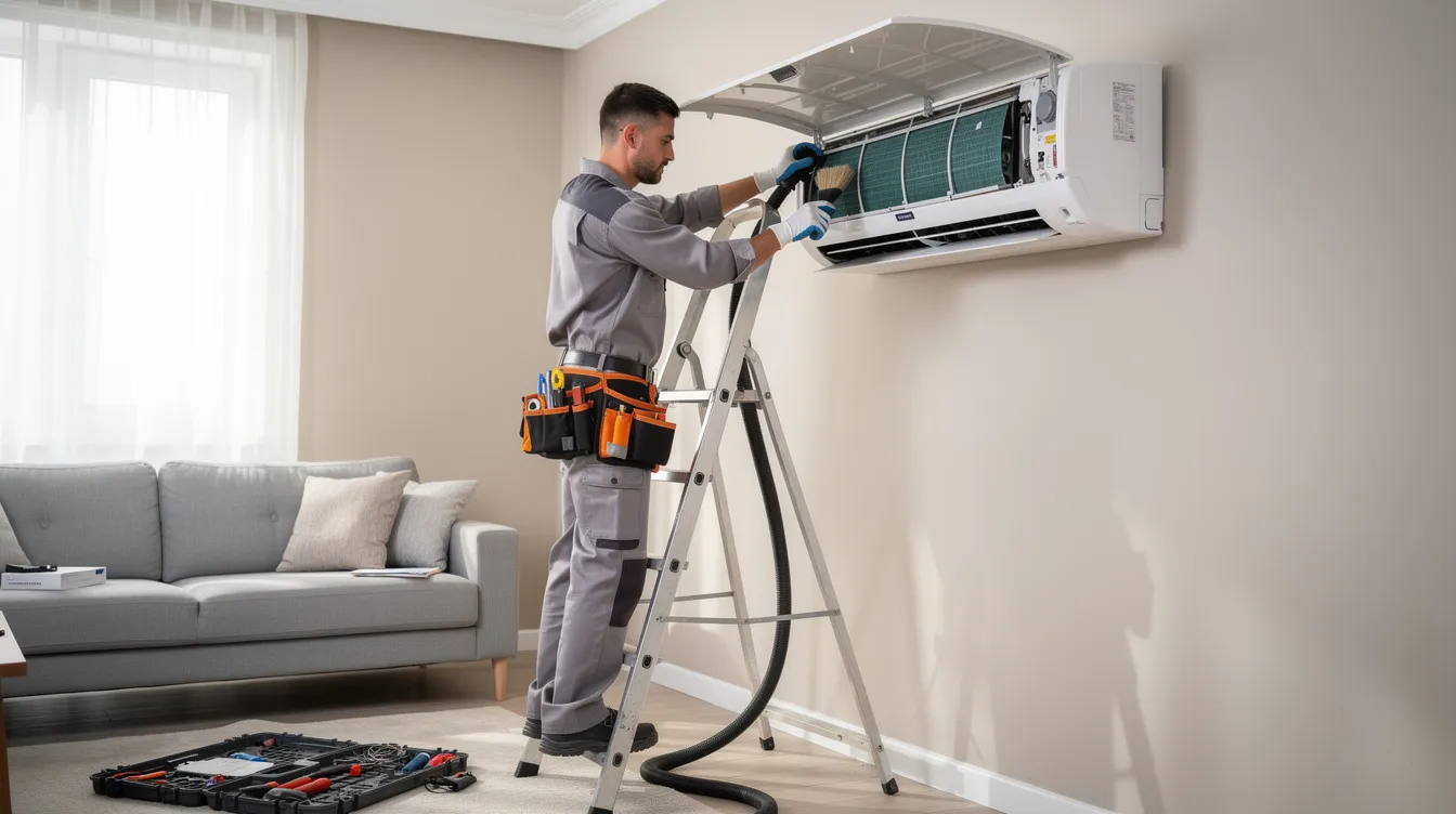 A skilled technician is servicing a modern wall-mounted split air conditioning system in a residential setting, ensuring its optimal performance for cooling solutions. The technician is equipped with tools to address any faults and maintain the unit efficiently.