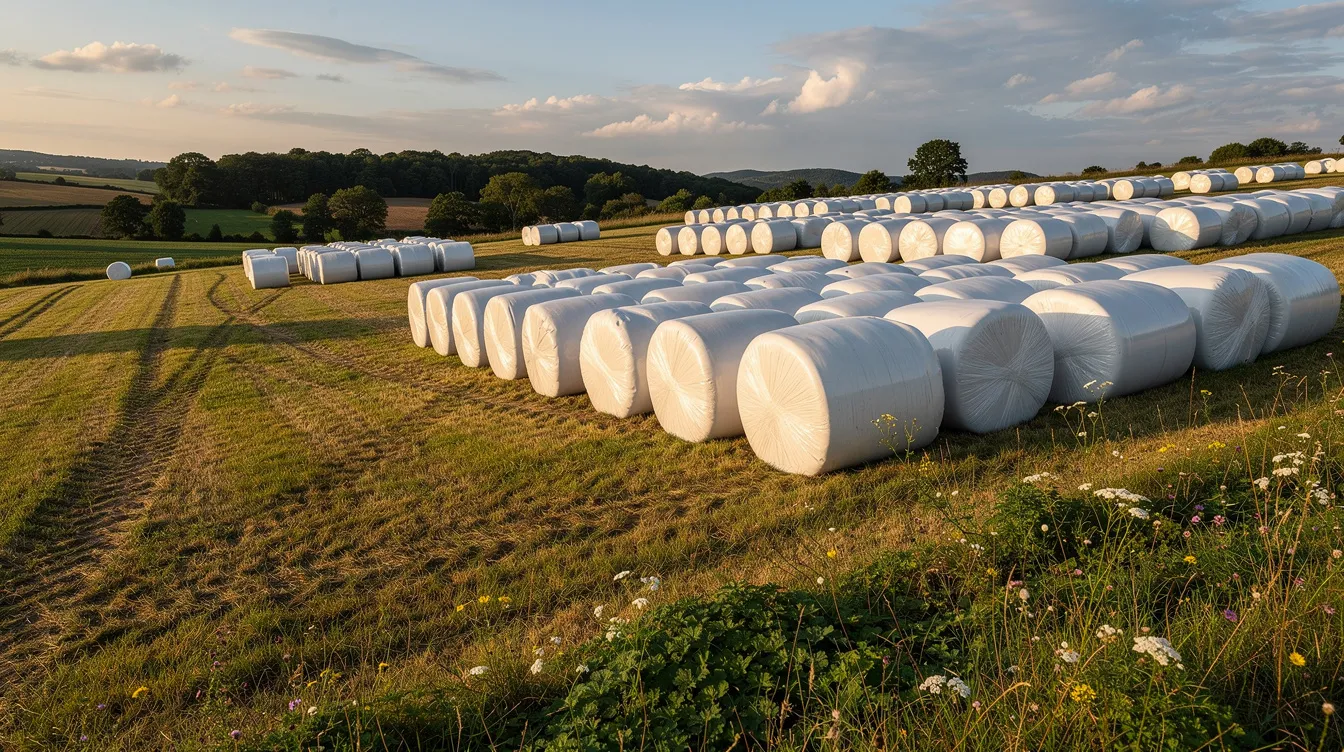 The image shows wrapped silage bales, both round and square, stored neatly in a farm field, designed to preserve forage quality and maintain nutritional value. The tight seal of the silage stretch film protects the bales from UV rays and oxygen exposure, ensuring optimal fermentation and preventing spoilage.
