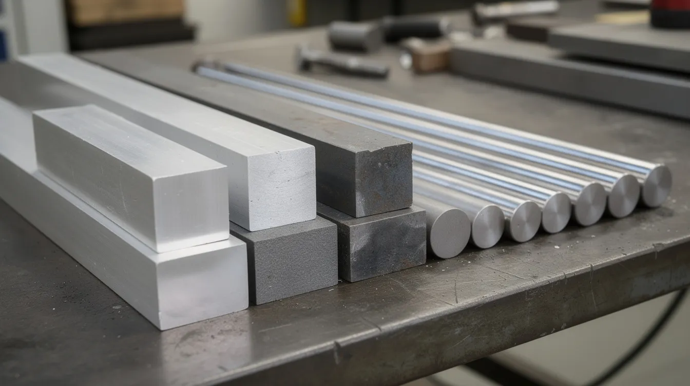The image shows a workshop table displaying various raw metal stock, including aluminum bars, steel billets, and titanium rods, which are essential materials in the manufacturing industry for precision machining and CNC machining processes. These raw materials are prepared for machining operations to create high-quality machined components with tight tolerances and complex geometries.