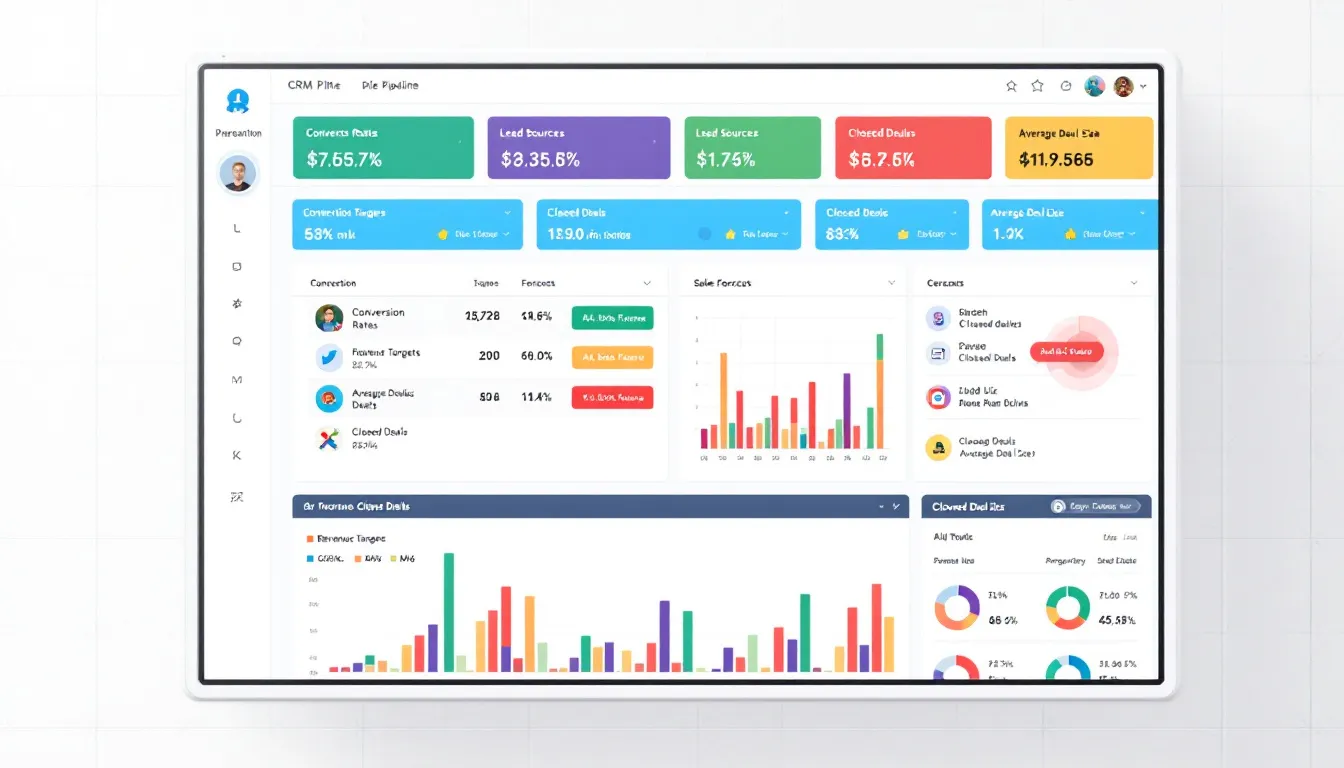 Dashboard de CRM que muestra un pipeline de ventas con gráficos coloridos y métricas de rendimiento, diseñado para ayudar a las empresas a incrementar las ventas y optimizar el proceso de ventas. Este sistema proporciona información valiosa para el equipo de ventas y marketing, facilitando la gestión de clientes y proyectos.