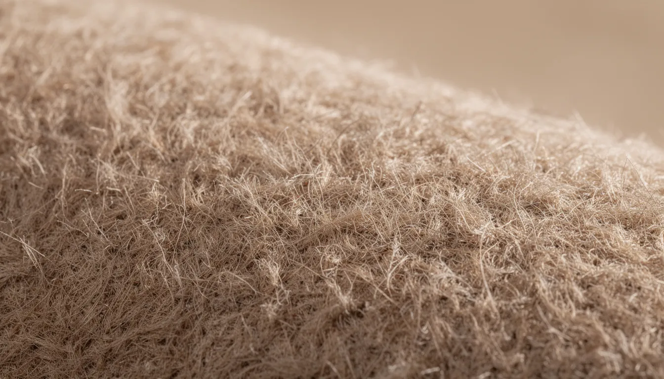 Close-up van een beige viltstructuur met zichtbare fijne vezels, wat de luxe uitstraling en warme uitstraling van het materiaal benadrukt. Dit prachtige product is ideaal voor akoestische panelen in verschillende interieurs, zoals woonkamers en kantoren.