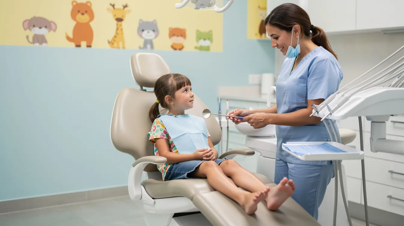 A young child sits calmly in a dental chair, smiling at a friendly dental team member who is nearby, ready to provide guidance on dental care and oral health. This scene reflects the welcoming atmosphere of a family dental office, where children can feel comfortable during their routine maintenance visits.