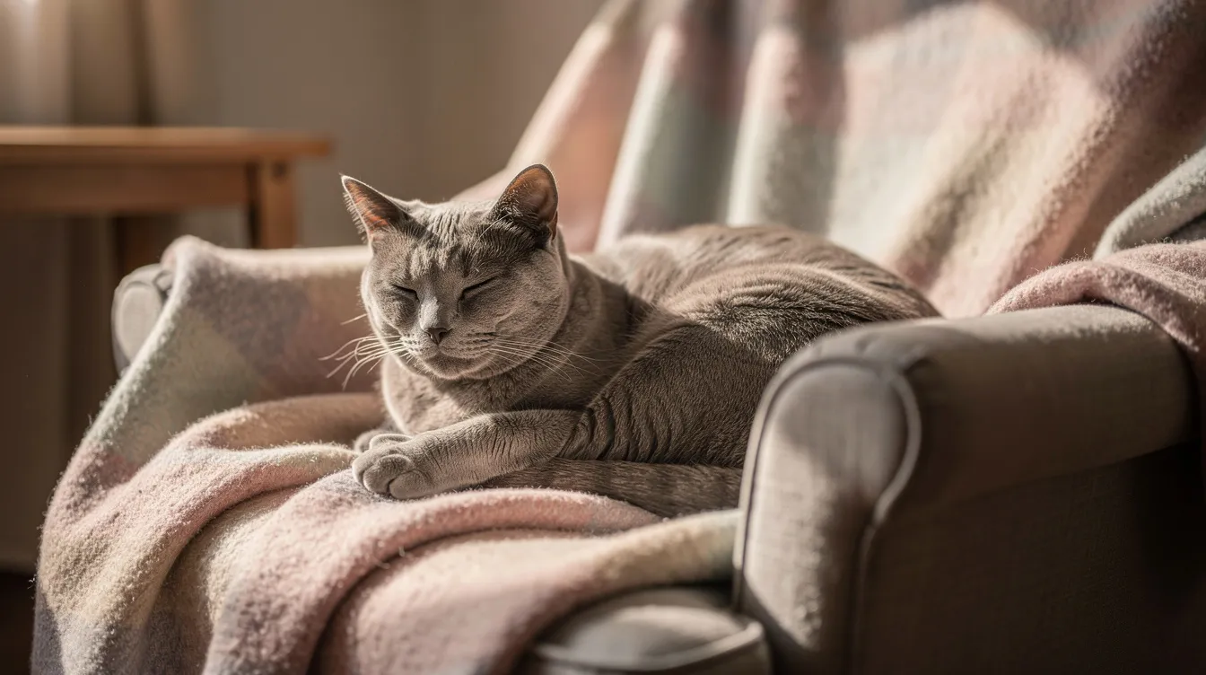 An older cat is peacefully resting on a soft blanket in a quiet room, showcasing a serene environment for feline friends. This cozy setting is ideal for pet owners to ensure their cat's health and comfort, especially as they age and may face various health issues.