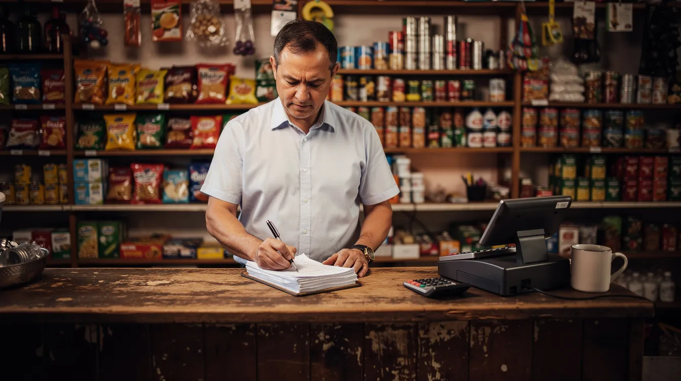 A small shop owner is seated at a counter, reviewing financial papers while various goods are displayed behind them. The scene reflects the importance of financial assistance, such as the Mudra loan scheme, for micro enterprises engaged in trading and services.