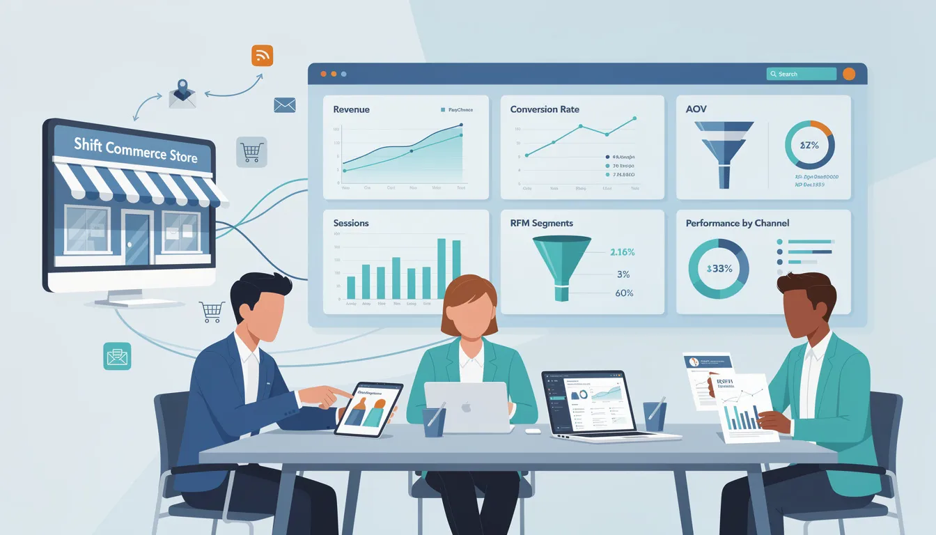 The image illustrates various analytics and measurement tools essential for optimizing an ecommerce site, including elements like Google Search Console and Google Analytics. It highlights the importance of keyword research, technical SEO, and structured data in driving organic traffic and improving search engine rankings for ecommerce businesses.