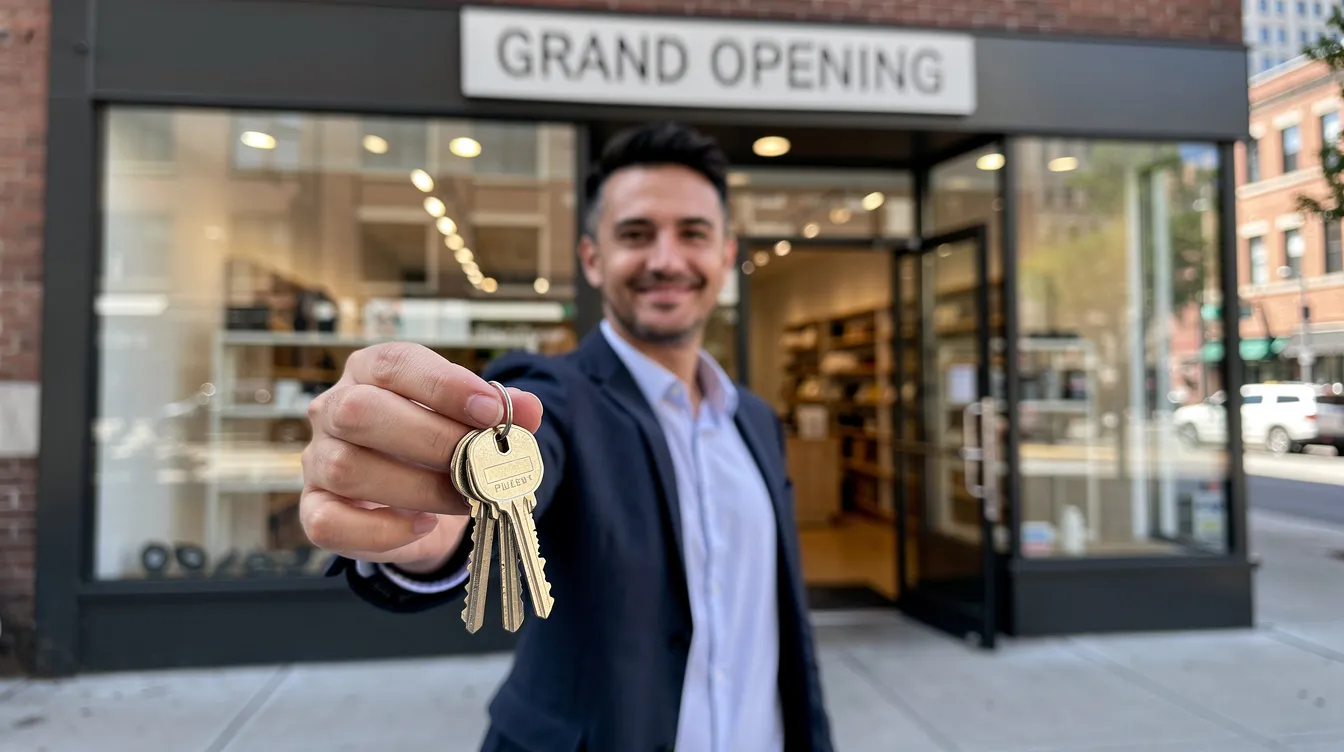 A person stands proudly in front of a newly opened storefront, holding keys that symbolize the launch of their small business. This moment represents the success and opportunity that comes with entrepreneurship, often supported by small business loans and financing options.