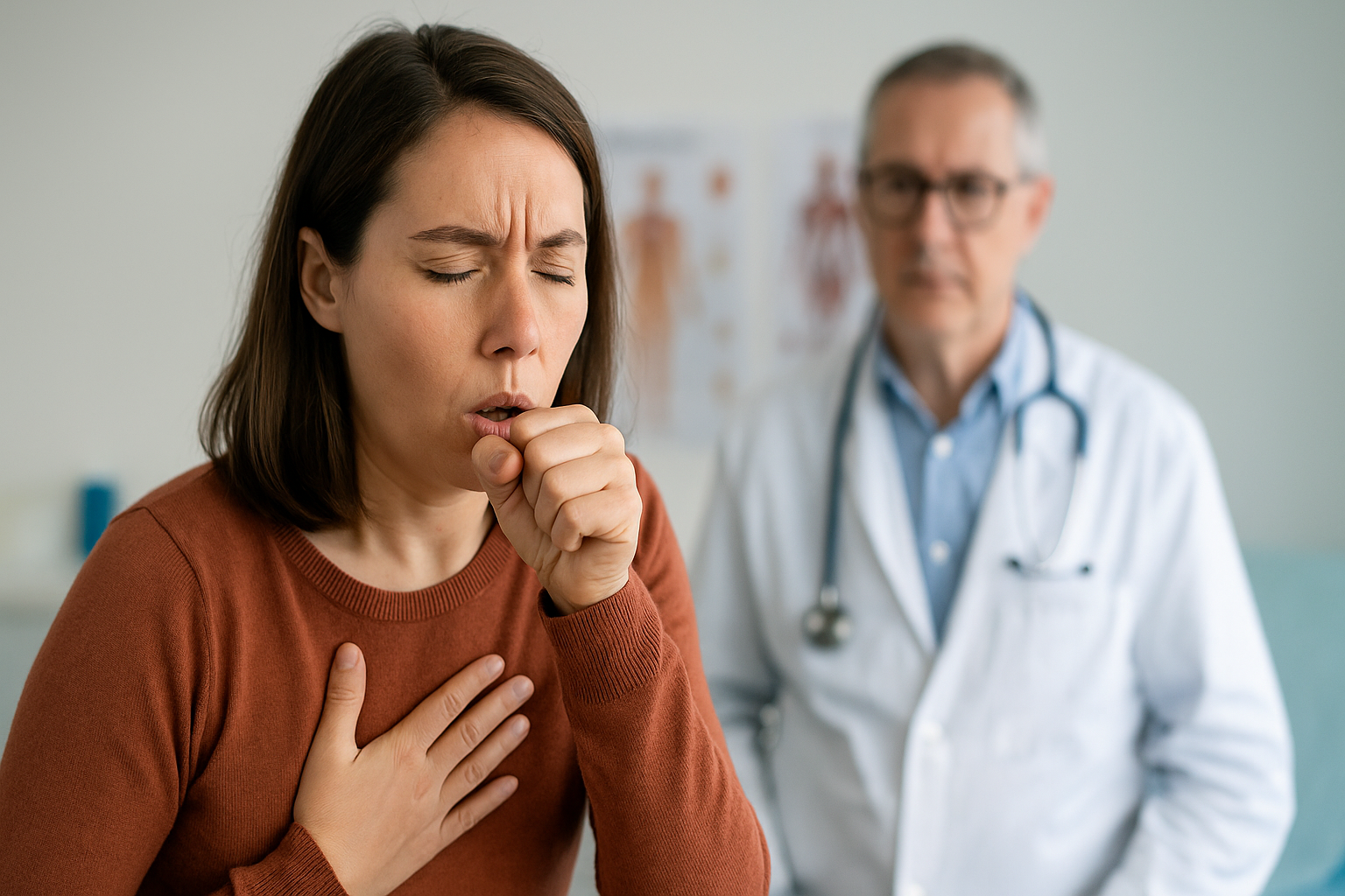 Kvinne med tørrhoste holder hånden mot brystet mens lege observerer henne inne på et lyst, moderne legekontor.