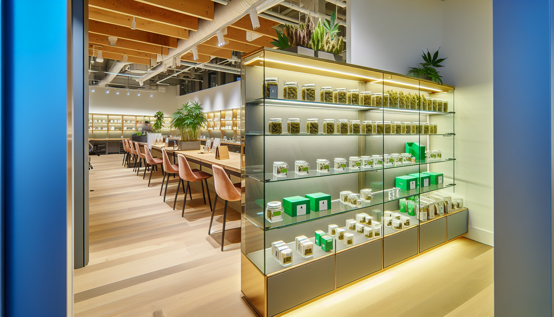 A diverse selection of cannabis products displayed on shelves in a modern dispensary