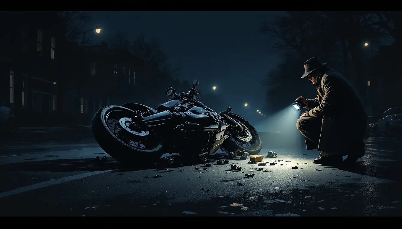 An illustration of a motorcycle accident scene being investigated, highlighting liability assessment.