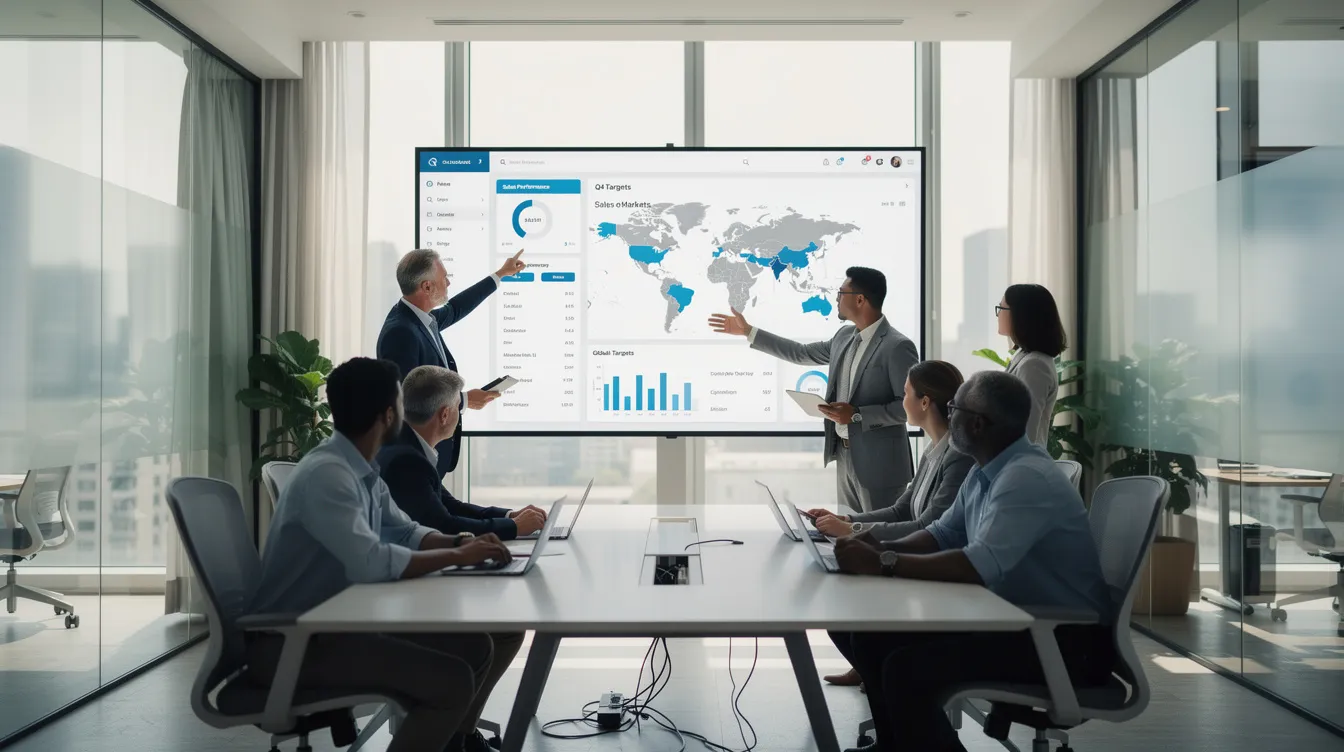 Ein modernes Büro zeigt ein Team von Mitarbeitern, die um einen großen Bildschirm versammelt sind und gemeinsam an einem Projekt arbeiten. Sie diskutieren über die Nutzung von KI-Agenten und Automatisierungslösungen, um die Produktivität und Effizienz in ihrem Unternehmen zu steigern.