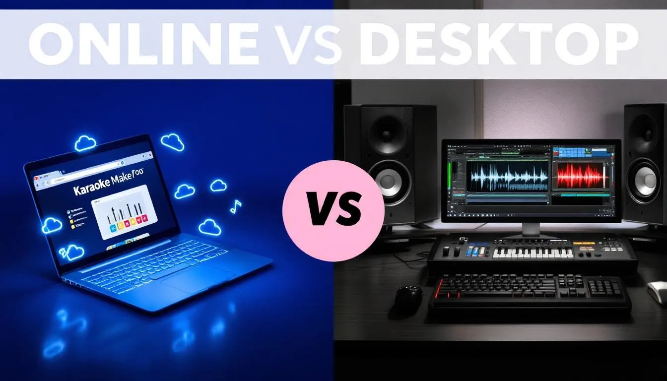 A split-screen graphic compares an online karaoke maker tool on a sleek laptop with cloud icons on the left, and a powerful desktop setup featuring audio software and studio monitors on the right. The bold headline “Online vs Desktop: Which Should You Use?” highlights the modern contrast between these two setups for karaoke lovers.