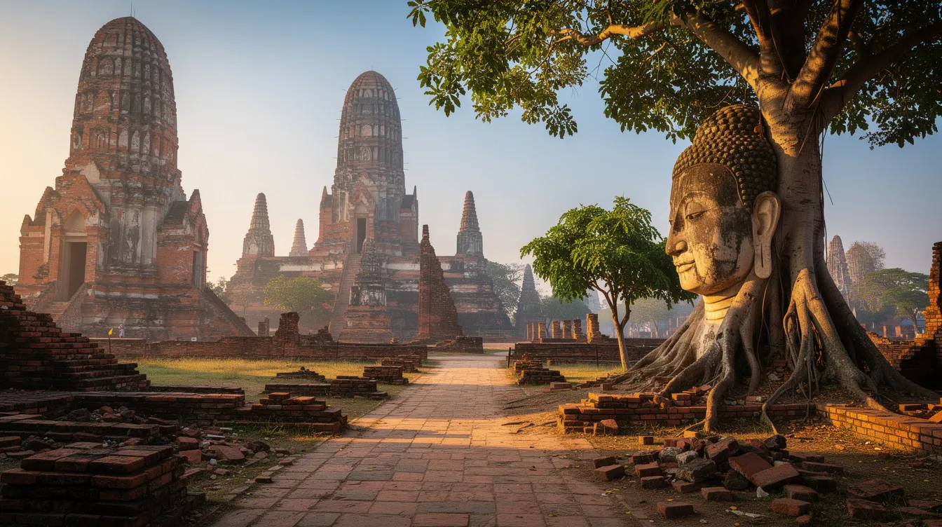 A imagem retrata as impressionantes ruínas do templo Wat Phra Si Sanphet em Ayutthaya, antiga capital do Reino do Sião, com suas torres majestosas e a vegetação ao redor, representando o rico patrimônio mundial da Tailândia. Ao fundo, é possível ver a confluência dos rios Chao Phraya e Pa Sak, que complementam a atmosfera histórica da cidade.
