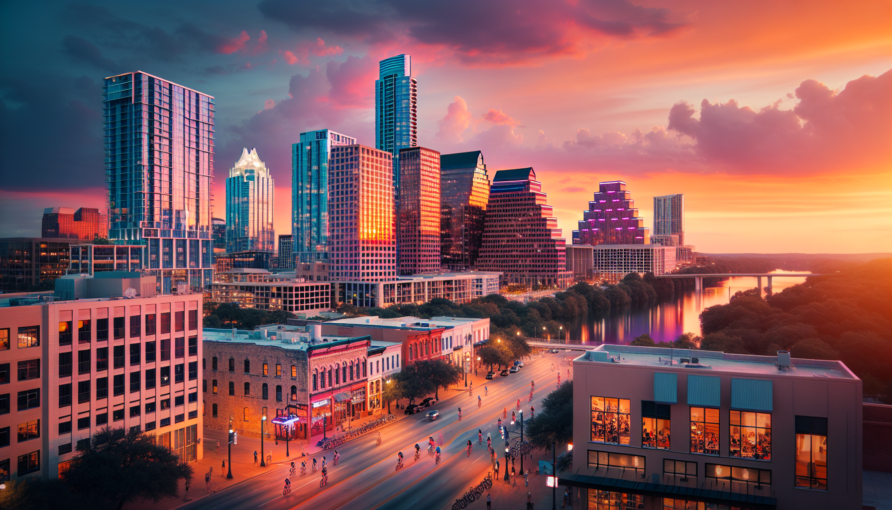 Austin city skyline at sunset with a focus on urban living