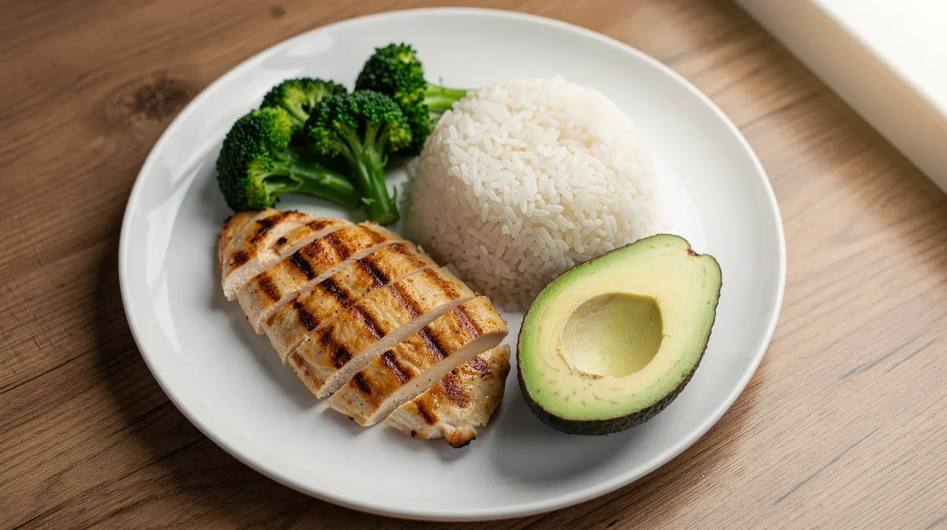 Een bord met gegrilde kip, broccoli, rijst en een schijf avocado, wat een voedzame maaltijd vormt die rijk is aan eiwitten en gezonde vetten. Deze combinatie ondersteunt spiermassa opbouwen en kan helpen bij het verlagen van het vetpercentage tijdens het cutten.