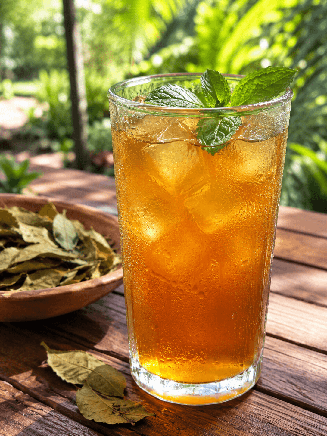 A tall glass of refreshing iced soursop tea served with ice cubes and fresh green mint leaves on an outdoor wooden table.