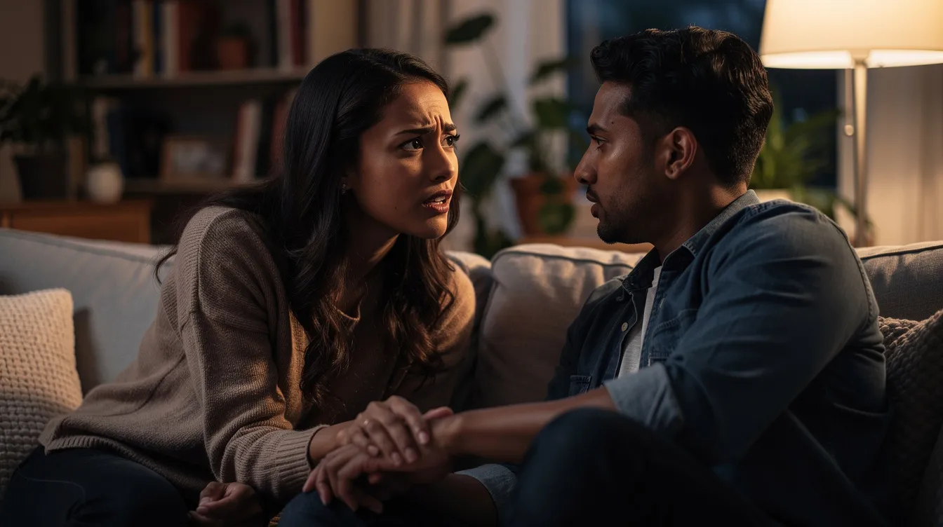 A mixed-race couple is sitting closely together on a couch, engaged in a meaningful dialogue about their relationship. Their body language shows mutual respect and a desire to communicate openly, as they discuss relationship problems and focus on feeling connected.