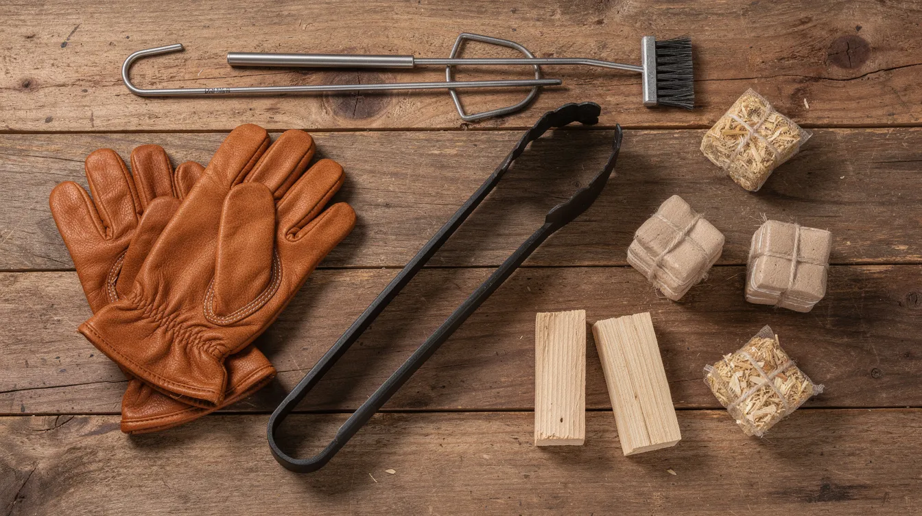 An assortment of fire pit accessories, including tongs, gloves, and fire starters, is neatly arranged on a wooden surface, perfect for enhancing outdoor fire pits and ensuring a safe and enjoyable experience while igniting a cozy fire for camping or patio gatherings.