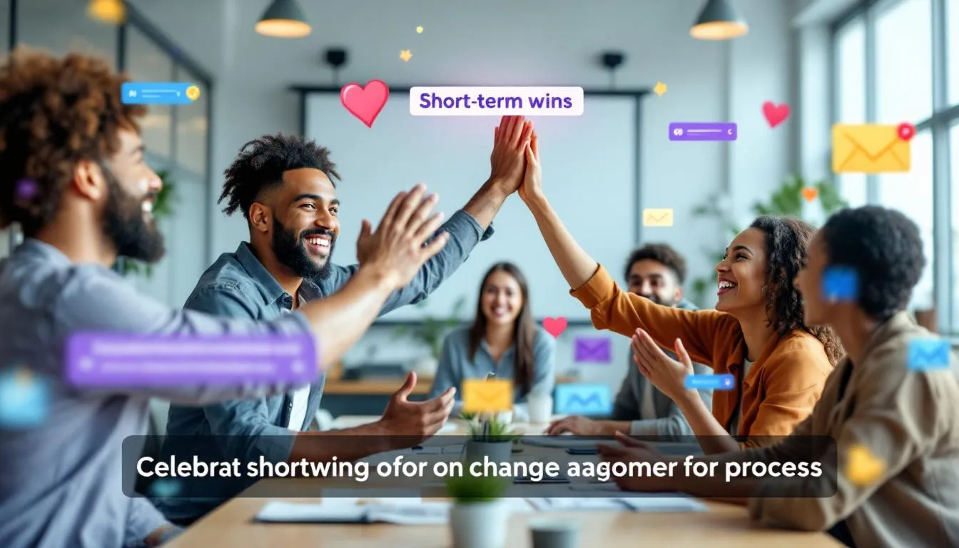 Employees celebrating short-term wins during a change management process.