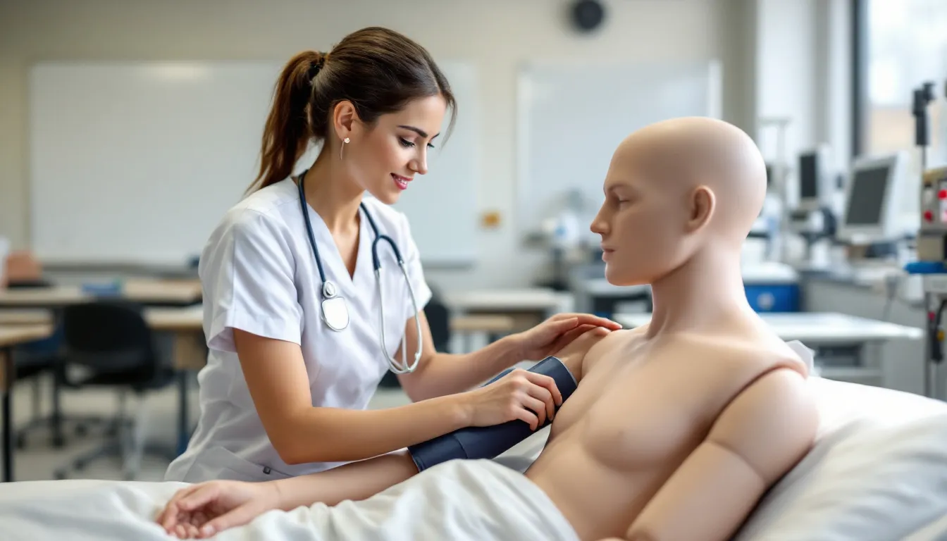 In the image, a certified nursing assistant (CNA) student is practicing vital signs measurement on a training mannequin within a clinical classroom setting, demonstrating essential skills required for patient care in healthcare facilities. The environment reflects a state-approved training program, emphasizing the importance of hands-on experience in nursing education.