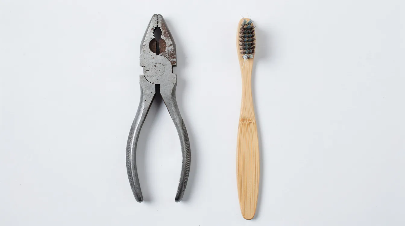 The image shows a pair of needle-nose pliers placed next to a used bamboo toothbrush with a wooden handle and soft plant-based bristles, all set against a clean white surface. This composition highlights sustainable options for dental health, contrasting the bamboo toothbrush with traditional plastic toothbrushes that contribute to plastic waste.