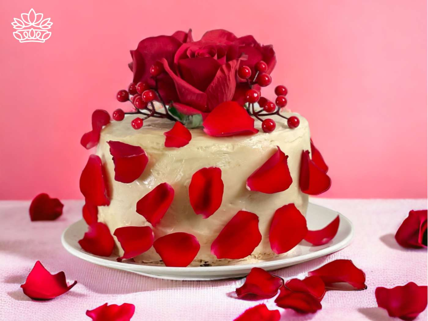 An elegant cake topped with a deep red rose and berries, with vibrant rose petals scattered around, epitomizing the romantic and luxurious edible creations from Fabulous Flowers and Gifts.