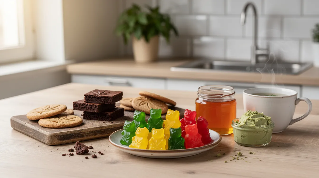 Auf dem Küchentisch liegen verschiedene essbare Cannabis-Produkte, darunter Kekse und Getränke, die als alternative Konsumformen von Cannabis dienen. Diese Produkte bieten eine Möglichkeit, Cannabis zu konsumieren, ohne es zu rauchen, und enthalten verschiedene Konzentrate und Wirkstoffe.