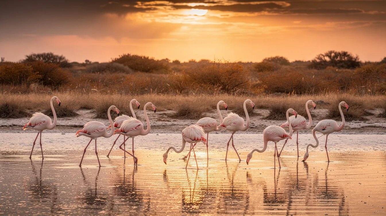 A imagem retrata flamingos em uma lagoa salgada, cercados por vegetação seca, enquanto o sol se põe, criando um cenário vibrante e sereno. Este ambiente natural evoca a beleza das ilhas do Caribe, como Curaçao, com suas paisagens únicas e rica vida marinha.