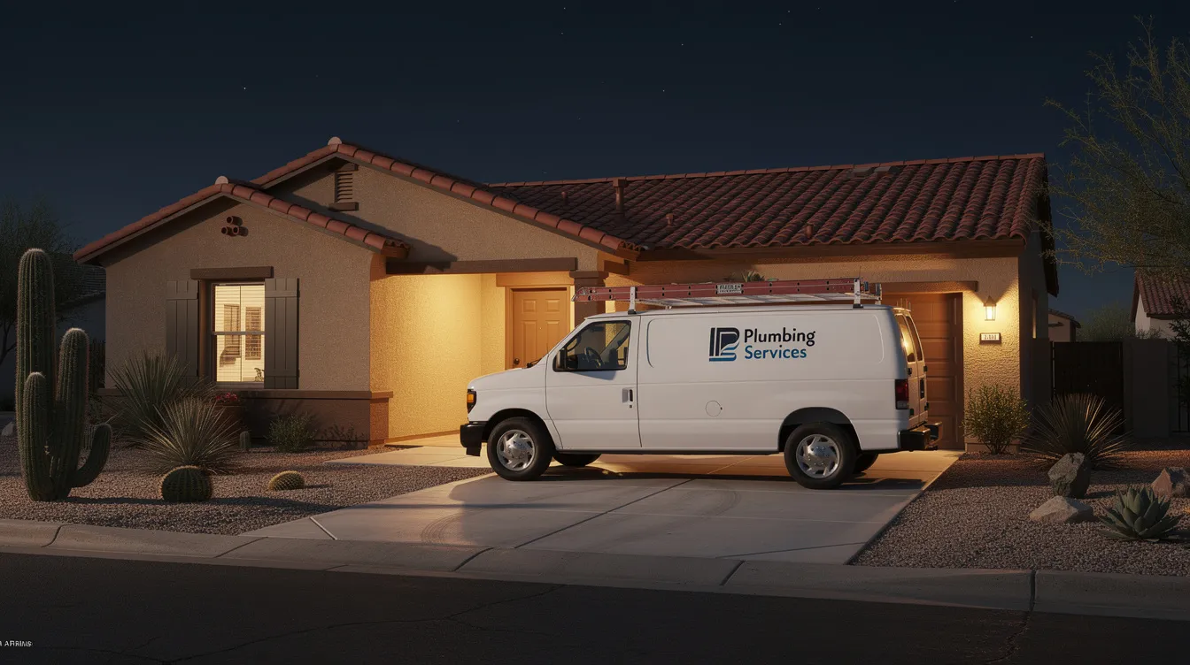 A white plumber's work van is parked outside a tan stucco home in Phoenix at night, with warm porch lights illuminating the driveway, suggesting the presence of emergency plumbing services nearby. This scene indicates readiness for any plumbing emergencies that may arise, providing immediate assistance to residential and commercial customers.