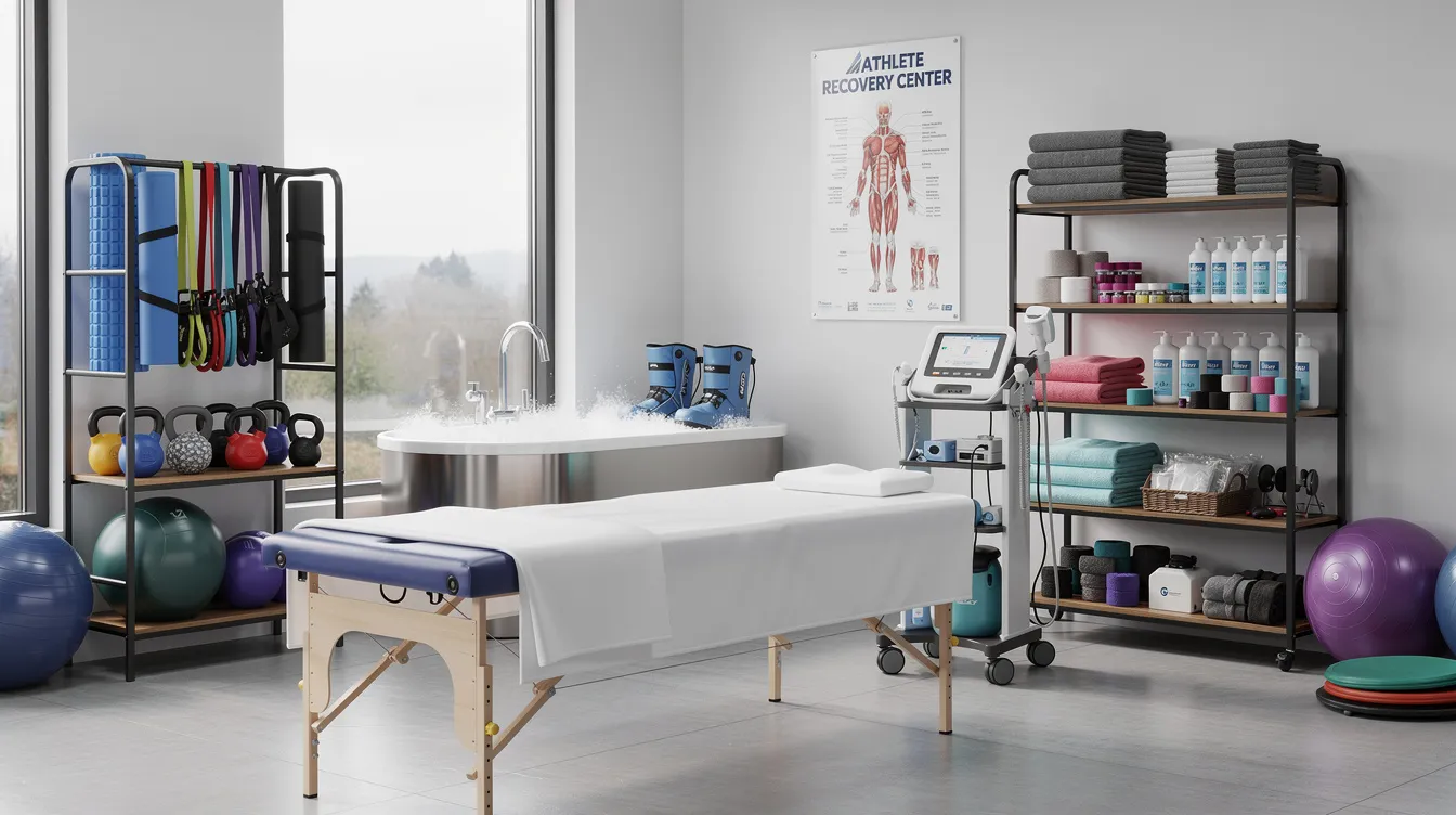 The image depicts an athletic recovery setting filled with various physical therapy equipment and treatment supplies designed for muscle recovery and injury rehabilitation. The environment is equipped to support systemic healing and tissue repair, focusing on addressing soft tissue injuries and promoting effective post-surgical recovery.