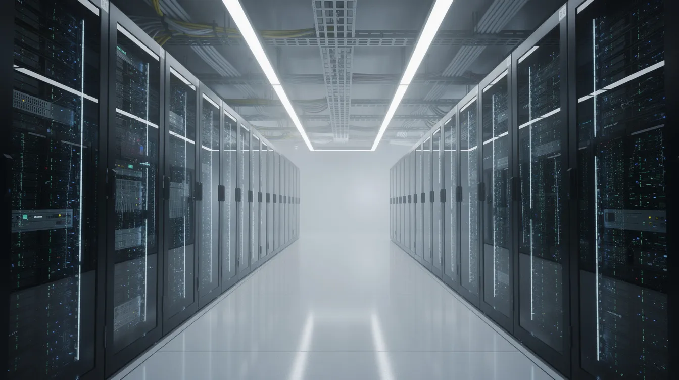 The image depicts a modern data center interior featuring rows of illuminated server racks, highlighting the advanced cloud infrastructure that supports various cloud services and virtual private servers. The organized setup emphasizes the importance of security and efficiency in data management and hosting solutions.