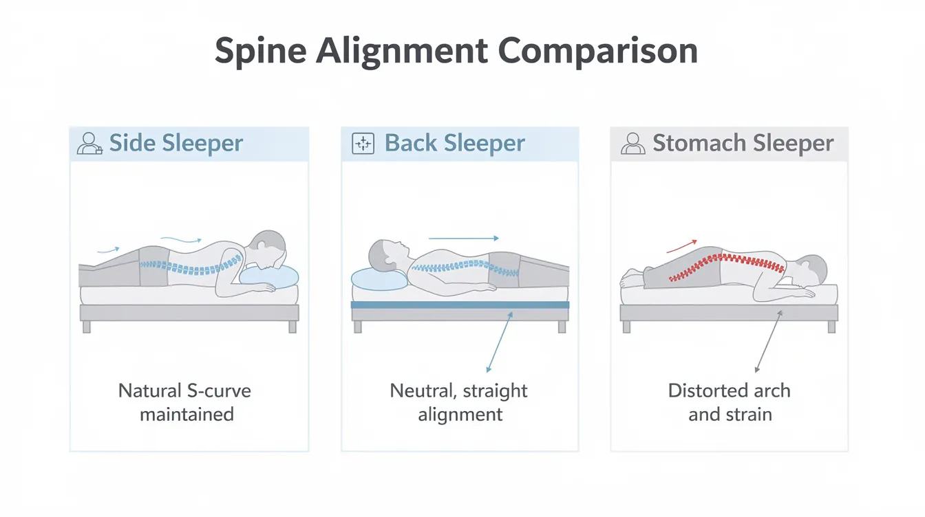 The infographic illustrates spine alignment for different sleep positions: a side sleeper maintains an S-curve, a back sleeper is depicted as a straight horizontal line, while a stomach sleeper shows a distorted arch, emphasizing the importance of proper spinal alignment for a restful night&rsquo;s sleep and overall sleep health.