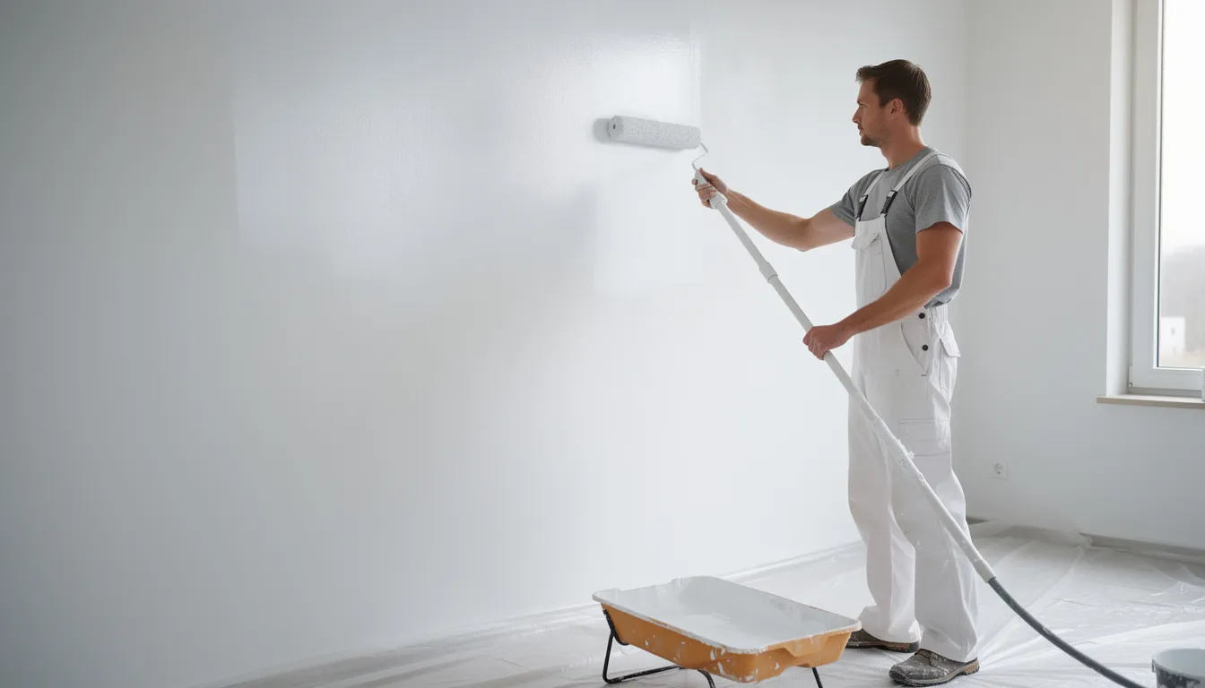 Un artisan peintre professionnel applique de la peinture au rouleau sur un mur intérieur blanc, illustrant son savoir-faire en matière de décoration. Cette scène met en avant l'expertise d'un peintre à Vertou, dans le département de la Loire-Atlantique, dédié à la rénovation et à la qualité des travaux de peinture intérieure.