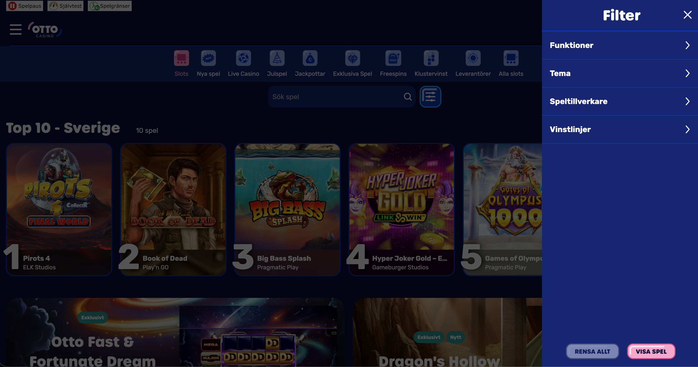 otto casino sortering och filtrering
