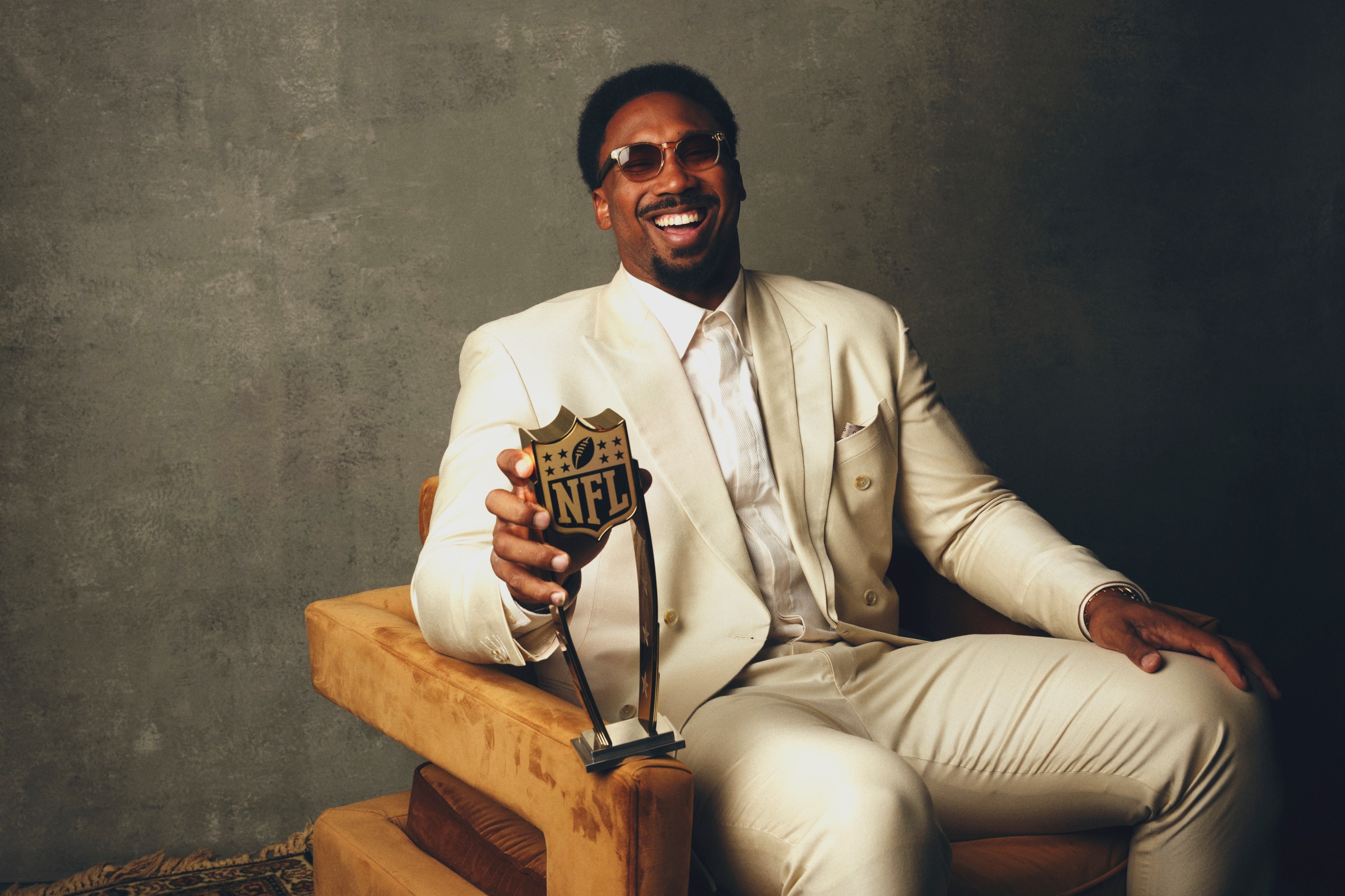 Miles Garrett of the Cleveland Browns poses for a portrait after winning defensive player of the year at the 13th Annual NFL Honors on February 8, 2024 in Las Vegas, Nevada.